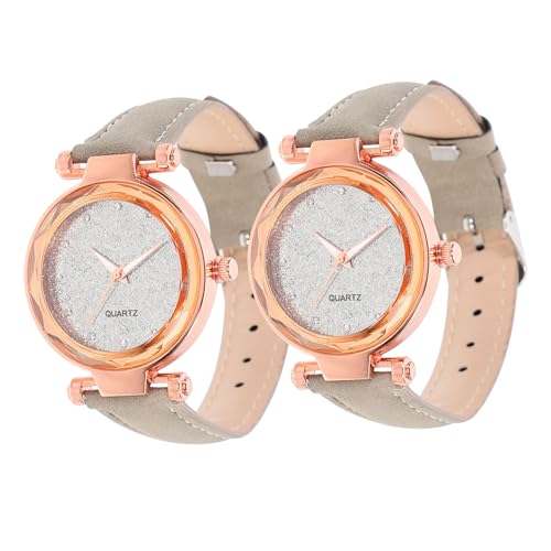 DEARMAMY 2 Piezas Reloj Luminoso Relojes de Moda para Mujer Banda Anillos Reloj para Hombres Reloj de Pulsera de Diamantes Watch relógios Reloj de Pulsera Helado Reloj de Moda Vidrio Grey