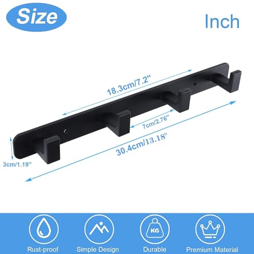 Image of Coat Rack, Heavy Duty Stainless Steel 4 Tri Coat Hook Hanger, Wall Mounted Wall Hooks, Rustic Clothes Hook /Key Hook Rail for Bathroom Kitchen Entryway(2 Pack, 4 Hook Black)