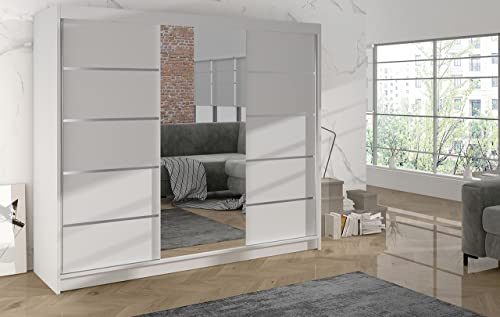 Easy Sofas and Wardrobes - Sliding 3 Doors Wardrobe Derby VI 200 cm - Mirror - Bedroom Furniture Set with Clothes Rail - Storage - Color: White