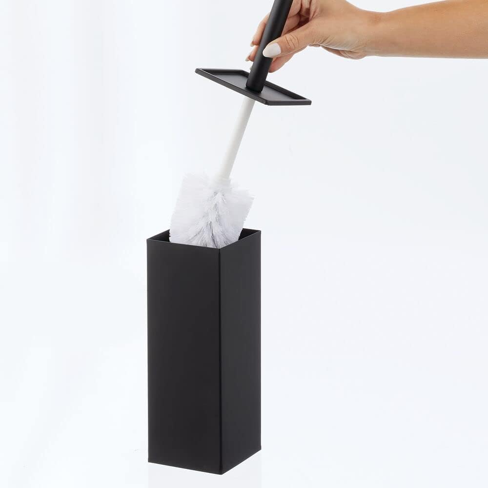mDesign Steel Square Modern Toilet Bowl Brush and Holder for Bathroom Storage and Organization, Compact Free-Standing Design, Covered Brush - Sturdy, Deep Cleaning - Citi Collection - Matte Black image 3