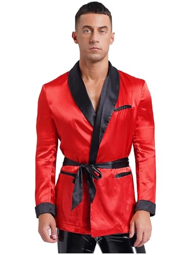 YiZYiF Men Satin Smoking Jacket Robe Bathrobe with Belt Lapel Long Sleeve Kimono Sleepwear Nightwear