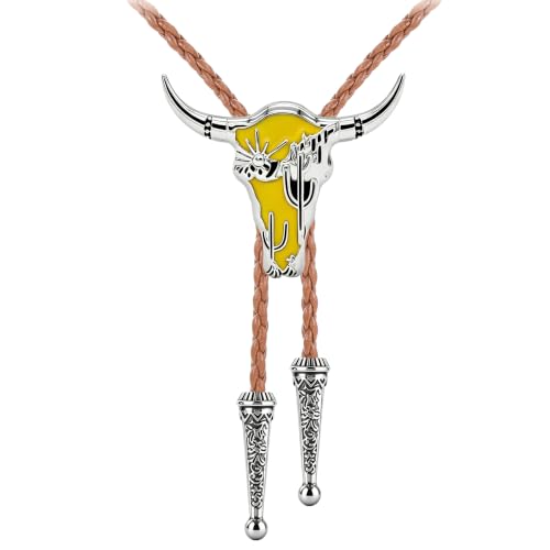 Image of GelConnie Bolero Ties Men Yellow Longhorn Cactus Cowboy Bolo Tie Western | Yellow Longhorn Cactus Cowboy Bolo Tie with Enamel Accent, Adjustable Faux Leather Cord for Bolero Ties Men and Ranch Outfit