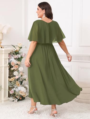 Image of Women Plus Size Long Formal Dress Short Sleeve Chiffon Ruffle V Neck High Low Split Wedding Guest Maxi Dresses