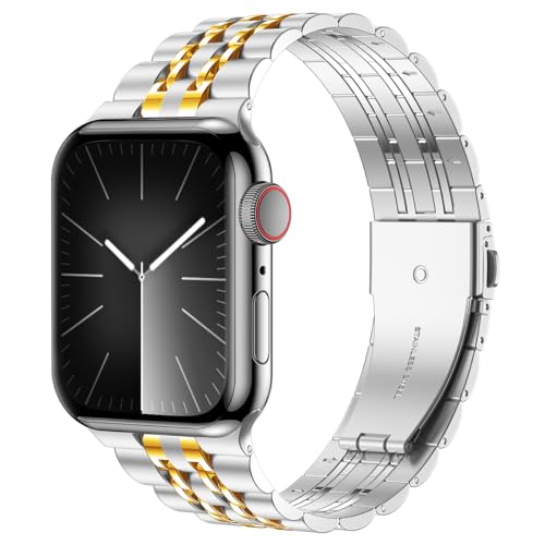 iiteeology Kompatybilny z Apple Watch Band Series 54 44 mm Series 321 42 mm, ulepszona wersja, ogniwo ze stali nierdzewnej, zamienne paski do zegarków dla kobiet i mężczyzn, srebrno-złote
