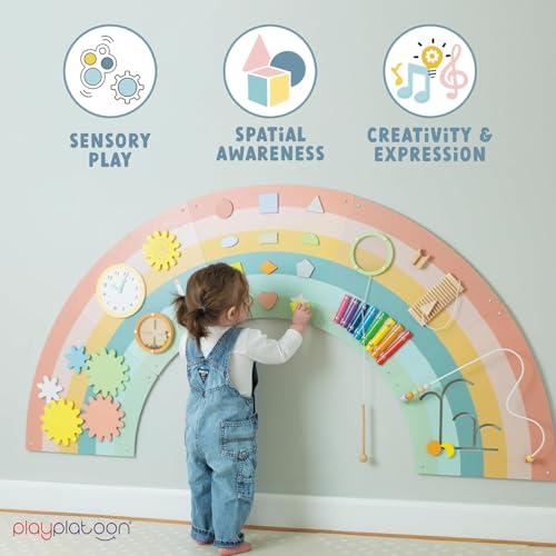 Image of Play Platoon Kids Sensory Wall Panel, Activity Wall Busy Board Toys for Toddlers 1-3, Sensory Board - 64x32 inch Neutral Wooden Rainbow with 11 Activities for Montessori Playroom