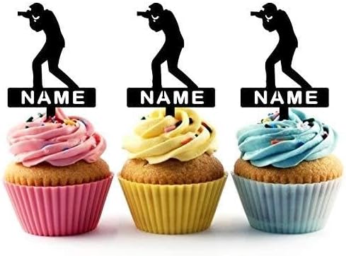 TA0920 Photographer Silhouette Party Wedding Birthday Acrylic Cupcake Toppers Decor 10 pcs with Personalized Your Name