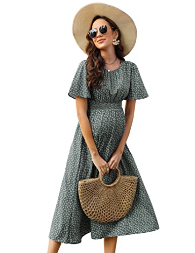 KOJOOIN Damen Umstandskleid Kurzarm Schwangerschafts Bedrucktes Kleid mit Rundhalsausschnitt und Rüschen Grün L