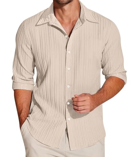 Image of FILO HEVIS Men's Casual Button Down Popcorn Shirts Stylish Long Sleeve Linen Textured Beach Summer Shirt