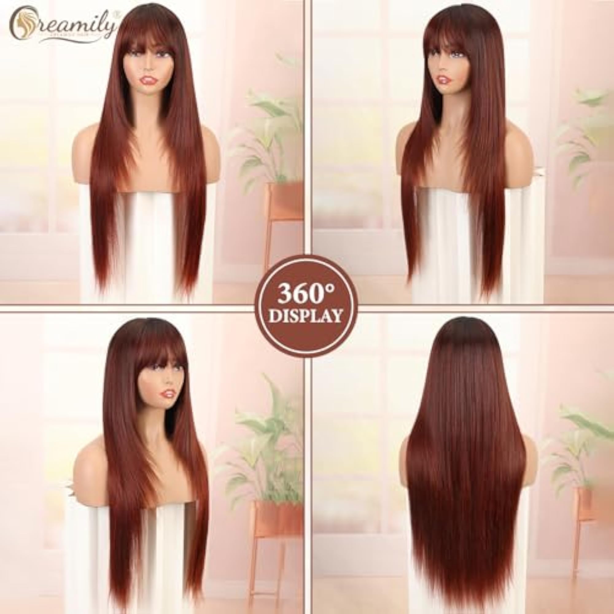 Long Straight Wig with Black Highlight Red for Women