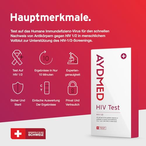 AYDMED HIV-Schnelltestkit | HIV Selbsttest | Test auf das Humane Immundefizienz-Virus | Ergebnisse in 10 Minuten | HIV-Test-Heimkit für Selbsttests zur Blutuntersuchung auf HIV 1/2 | 99,6% Genauigkeit