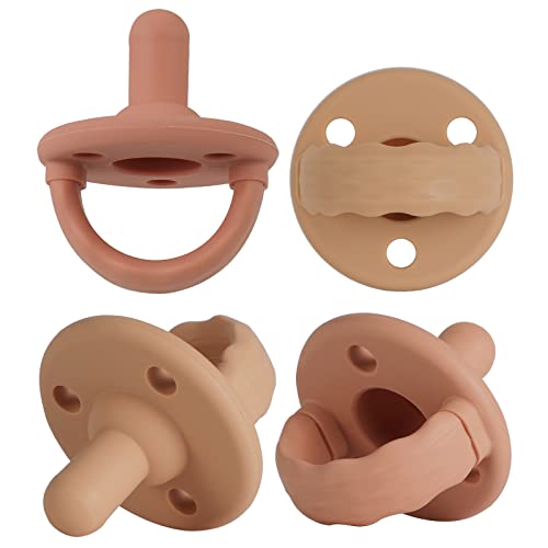 Image of Soother Pacifier,Food Grade Silicone Pacifiers with Handle & 3 Holes for Added Safety, BPA Free, 4-Pack (Muted x2 / Apricot x2)