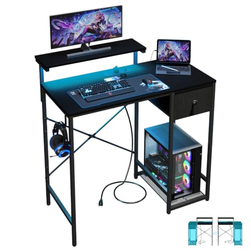 Image of X-cosrack 33.5 inch Small Gaming Desk with LED Lights & Power Outlets, Drawers | Computer Desk with Fabric Drawer & Side Hook, Reversible Table with Monitor Stand for Game Room, Bedroom, Carbon Fiber Black