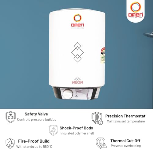 Image of Omen Changing Lives Neon 6Ltr Storage Water Heater (Geyser) | BEE 5 Star Rating | Glassline Tank | Advanced Multi-Layered Safety | Suitable For Hard Water & High-Rise Buildings | 7 Year Tank Warranty
