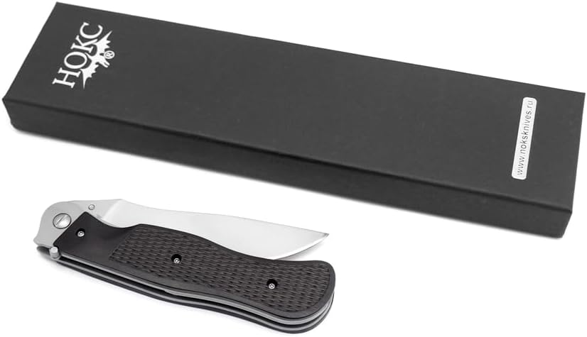 HOKC Ofitsersky | 310-250203 | Pocket Knife, EDC Knife by Official Dealer - Designed by Russian Master Igor Skrylev - Liner Lock, Textured Wooden Handle, Brass Flat Washers, One-Sided Thumb Stud, Long and Durable AUS8 Stainless Steel, Matt Finished - Ideal for Camping & Hunting