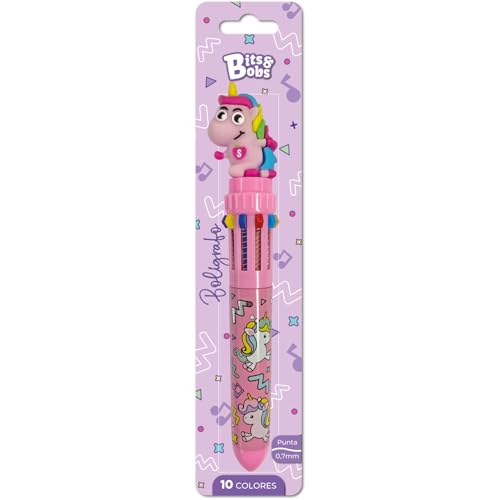 Grafoplas - Boli Colores 10 en 1 Bits&Bobs Unicorn, Tinta Aceite Multicolor, Cierre Retráctil con Decoración de Unicornio, Bolígrafo Escolar Ideal para Escribir y Decorar