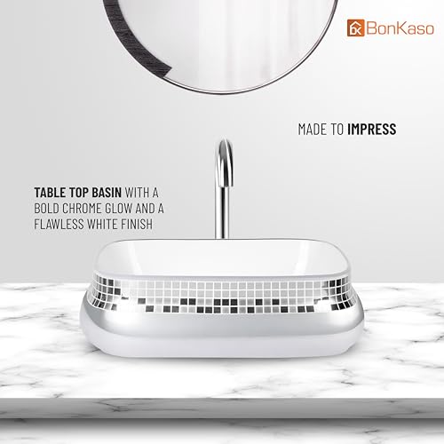Image of BONKASO Polished Designer Ceramic Table Top Wash Basin (44 x 35 x 12.5 cm) | Silver Countertop Bathroom Sink | Modern Luxury Vanity Wash Basin | Tango-1004