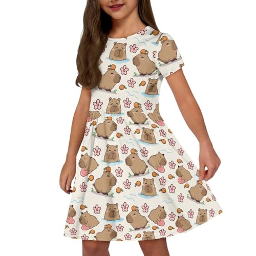 Kids Short Sleeve Dresses Casual Twirly Skater Dress with Pockets for Girls 3-14 Years Old