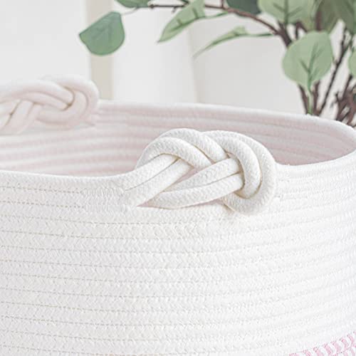 Goodpick Cotton Rope Basket With Handle For Baby Laundry Basket Toy Storage Blanket Storage Nursery Basket Soft Storage Bins Baby Gift Basket Woven Basket, 15'' × 15'' × 14.2'', Pink #TOP5