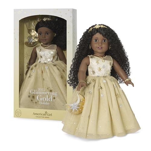 American Girl 2025 Glimmering Gold Holiday Collector Doll with Brown Eyes Long Curly Black Hair Ages 8+