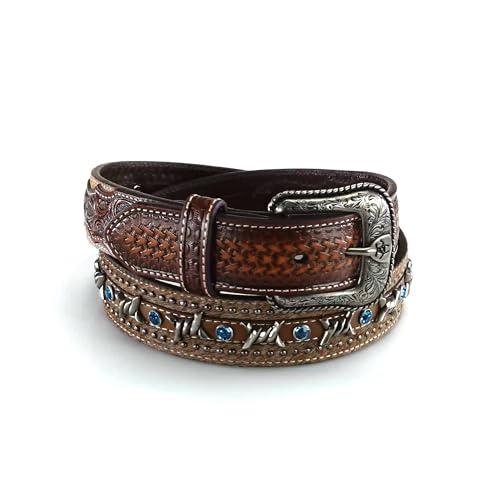 ARIAT Men's Blue Crystal Barbed Center Western Belt, Brown, 36