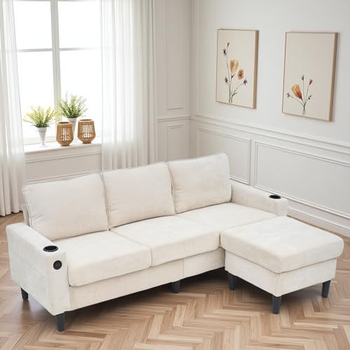 Sofá acolchado con puertos USB y tipo C, sofá de 3 plazas con dos portavasos, sofá cama en L, para apartamento, salón y dormitorio (beige + lino + 4 seat)