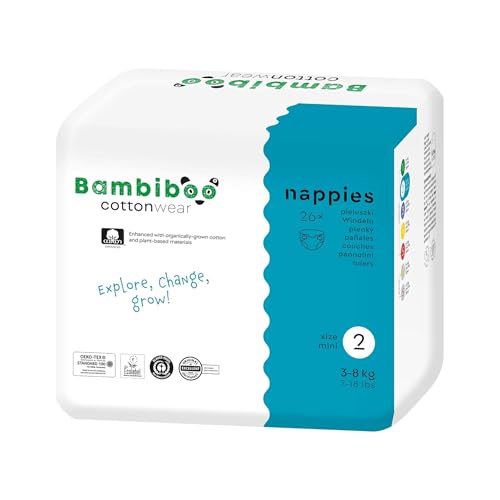 Bambiboo - COTTONWEAR Baby Windeln - Einwegwindeln - Größe 2 Mini (3-8kg) mit Nabelausschnitt - mit Bio-Baumwolle, Pflanzstoffen, Nässeindikator, 3D-Rüschen - Parfümfrei, Chlorfrei - 26 Stk