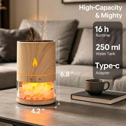 ZWH 5-in-1 Flame Himalayan Salt Lamp Ultrasonic Essential Oil Diffuser, Cool Mist Humidifier, 1H/3H/6H Timer, Auto Shut-Off, Quiet Aromatherapy, 100% Pure Salt Crystals, 250ml (Wood) - Image 7