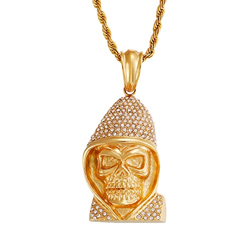 Collier tête de mort hip hop en acier inoxydable pour homme avec zircons