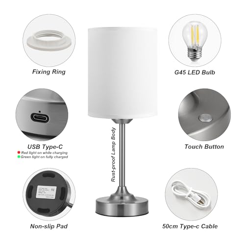 Touch Control Cordlss Table Lamp, USB-C Rechargeable Lamp with Stepless Dimming, 4000mAh Battery Operated Bedside Lamp for Bedroom, Living Room, Night Light & Emergency Lighting, Silver, 2 Pack by Kakanuo - Image 6