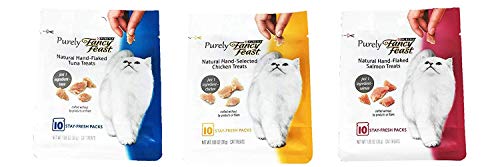 Purina Purely Fancy Feast Natural Hand-Flaked Cat Treats Variety Pack Bundle of 3 Flavors (Tuna, Chicken, and Salmon; 1.06 oz Each)