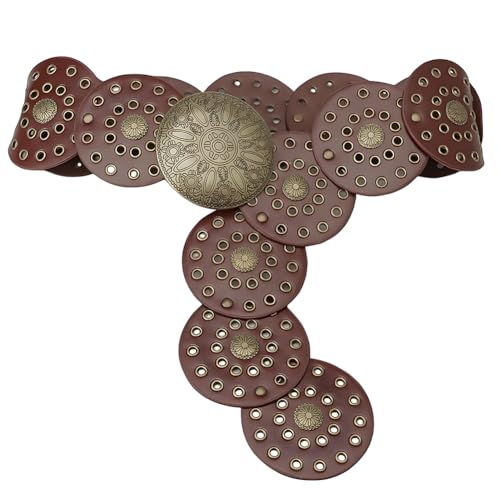 38.35 x 3.54 Inch Western Hollow Disc Belt Wide Vintage PU Leather Wasitband with Metal Buckle Boho Cowgirl Chunky Waist Belts for Women Jeans Dress Skirt (Brown)