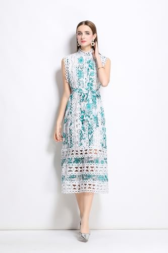 Image of LAI MENG FIVE CATS Women's Sleeveless Hollow Out Lace Button Up Casual Midi Party Dress with Belt
