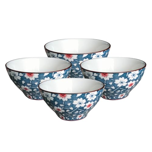Image of Lellow Premium Ceramic Bowl Set of 4 - Handcrafted Blue Floral Print Bowls for Soup, Noodles, Snacks & Desserts - Microwave & Dishwasher Safe, 300ml