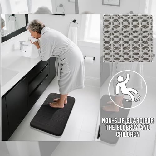 Image of Yimobra Memory Foam Bath Mat Set, 2 Pieces Soft Bathroom Rugs,43x61 cm and 61x51 cm U-Shaped for Bathroom Rugs, Toilet Mats, Water Absorption, Non Slip, Thick, Dry Fast for Bathroom Floor Mats, Black