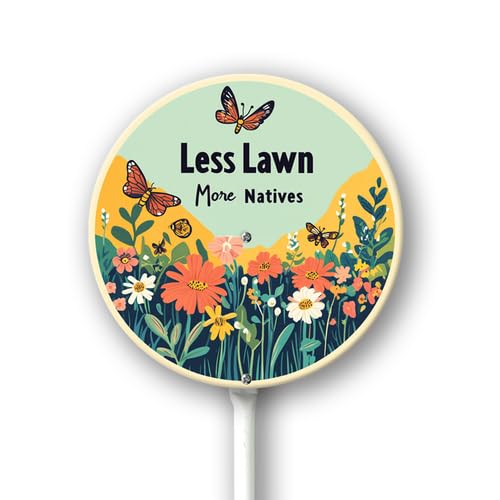 Geroclonup Cartello da giardino Less Lawn More Natives con paletto per esterni in alluminio antiruggine cartello in metallo resistente allo sbiadimento decorazione per prato per esterni 23,4 x 23,4 cm
