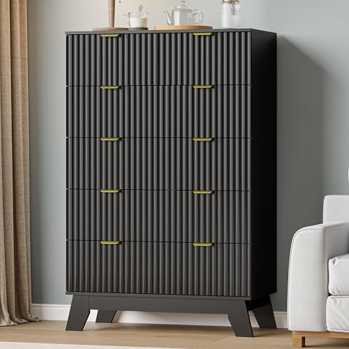 Image of Black Dresser for Bedroom with 6 Drawer, 46 inch Tall Fluted Wooden Dresser Storage Cabinet and Chest of Drawers with Metal Handle, Storage Organizer for Living Room, Hallway, Entryway