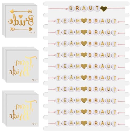 DODUOS 11 PCS Team Braut Armbänder und 11 pcs Aufkleber aus Roségold Junggesellinnenabschied Deko Armband Set für Dating Hochzeit Begleitgeschenk JGA Armbänder Frauen JGA Accessoires Frauen
