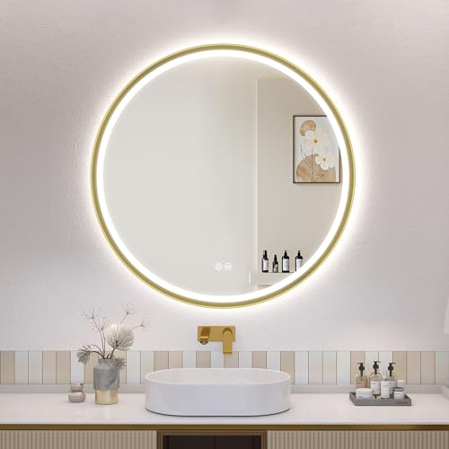 S'bagno Miroir de Salle de Bain éclairé, 60 cm, Rond, Aluminium, Anti-Fuite, 3000-6500 K, Verre trempé HD, IP44, mémoire lumière, doré