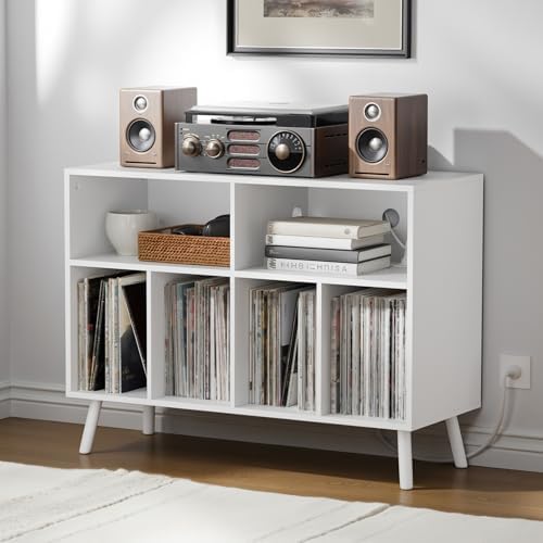 Cozy Castle Record Player Stand with Vinyl Storage Cabinet, Wood Turntable Table Open Shelf Holder Up to 350 Albums Cube Storage Organizer for Living Room, Office, White