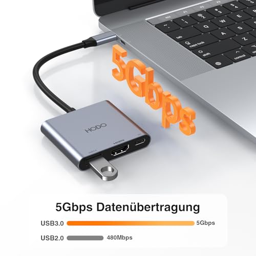 HODO USB C HDMI Adapter, USBC Digital AV Multiport Hub mit 4K HDMI, USB 3.0, Type-C 100W PD für iPad/MacBook/Samsung S24/Surface/HP