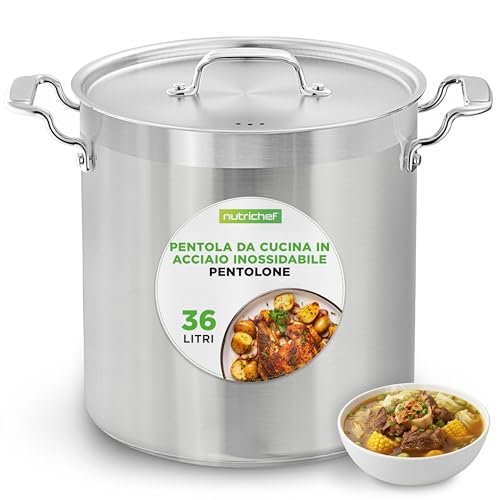 NutriChef Pentola da 40 Litri in Acciaio Inox, Adatta per Induzione, con Coperchio e Manici Rinforzati, Distribuzione Uniforme del Calore, Compatibile con Tutti i Piani Cottura
