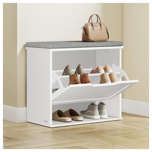 VASAGLE Schuhbank mit Sitzkissen, Sitzbank mit 3 Ebenen, Schuhkipper für 6 Paar Schuhe, Klappfach mit Verstellbarer Trennwand, 30 x 60 x 53,5 cm, Flur, Schlafzimmer, wolkenweiß-Taubengrau LSB121WB01