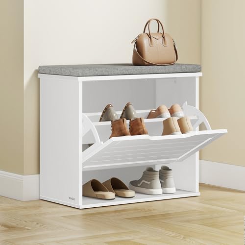 VASAGLE Schuhbank mit Sitzkissen Sitzbank mit 3 Ebenen Schuhkipper für 6 Paar Schuhe Klappfach mit Verstellbarer Trennwand 30 x 60 x 53 5 cm Flur Schlafzimmer wolkenweiß-Taubengrau LSB121WB01