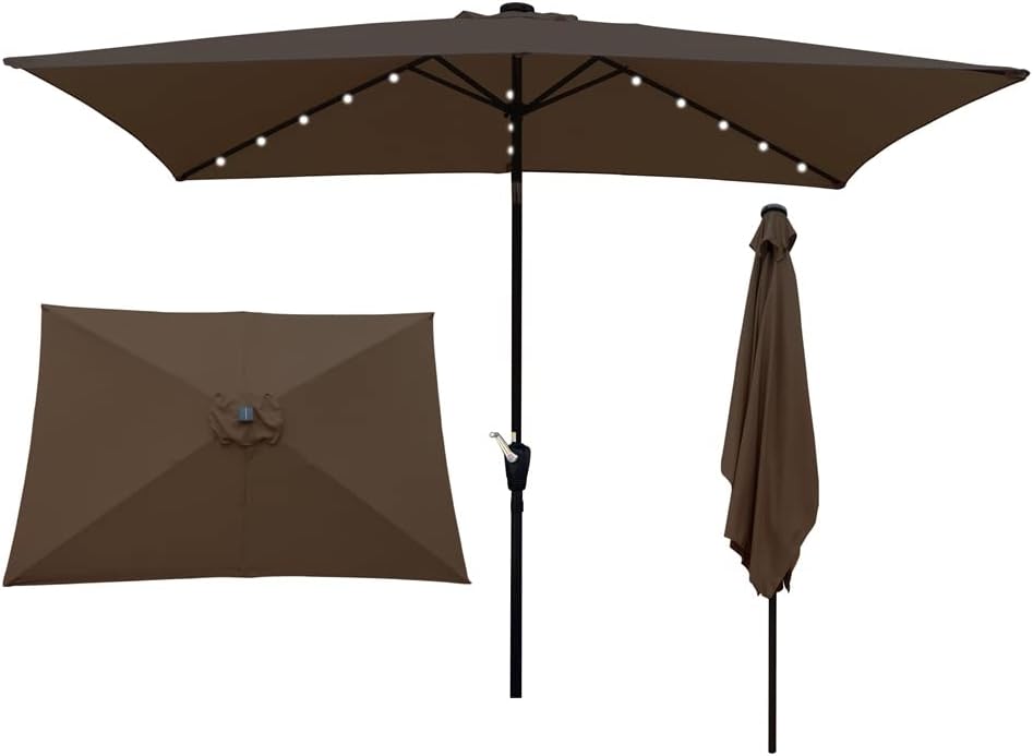 Solar Umbrellas, 10 x 6.5FT Patio Umbrellas with 26 LED Lights, Rectangular Outdoor Umbrellas with Crank and Push Button Tilt Adjustment, Table Market Umbrella for Garden Backyard Pool, Lime Green