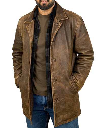Men’s 3/4 Mid-Length Genuine Leather Trench Blazer - Vintage Classic Hunter Style Long Leather Car Coat Jacket