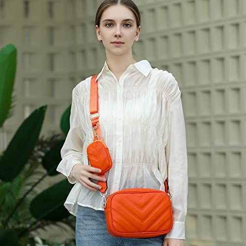 Image of Herald Chevron Quilted Small Crossbody Bag with Coin Purse Pouch, Women Square Camera Side Shoulder 2 Size Handbags (Orange)