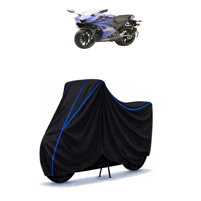 Image of YZF R15 V3 Bike Cover Water Resistant Universal Motorcycle Rain | Heavy Duty UV Protection, Dust, Scratch Indoor Outdoor All Weather with Black Blue Piping Elastic