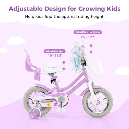 Image of BABY JOY Girls Bike with Streamers & Doll-Seat, Kids Bike for 3-8 Years Old | 12 14 16 18 20 Inch Children Bicycle w /Detachable Training Wheels or Kickstand, Storage Basket, Adjustable Seat and Handlebar