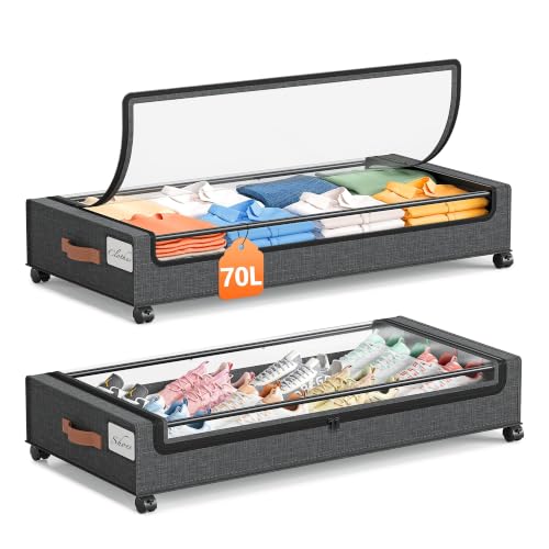 Yecaye 70L Under Bed Storage with Wheels, 2Pack Larger Capacity Under Bed Storage Containers, Underbed Shoe Storage Organizer, Rolling Under Bed Metal Drawers for Shoes, Clothes, Hemp Grey