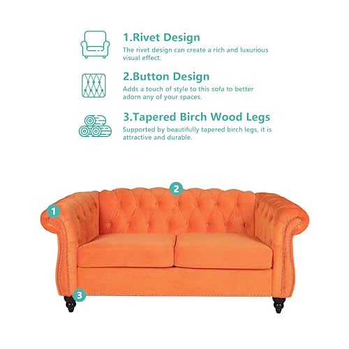Image of QHITTY Accent Sofa, Chesterfield Loveseat Modern Velvet Couch Upholstered Sofa with Tufted Back for Living Room Furniture (Orange)